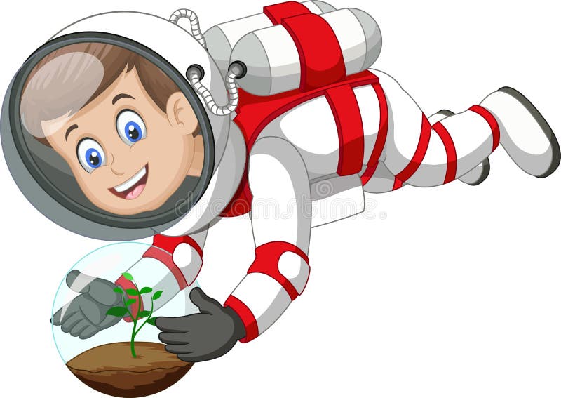Cool astronaut-pojke i vit röd dräkt, enhetlig flygning med nolltyngd och planteckning