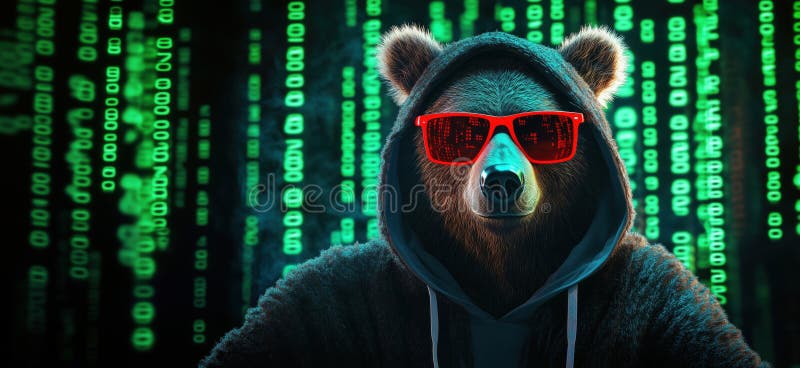 Cool bear in hoodie and sunglasses against digital binary code background, copy space for text. Coding text hacker concept stock images, royalty-free photos and pictures
