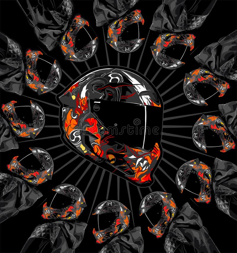 Cool black helmet surrounded by bikers stock illustration