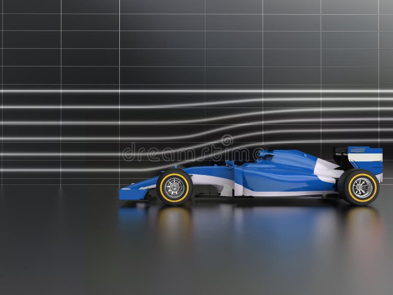 Cool blue formula racing car in wind tunnel stock illustration