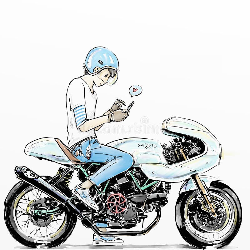 Muchacho fresco que monta la ilustración común de la motocicleta.  ilustración de dulces -