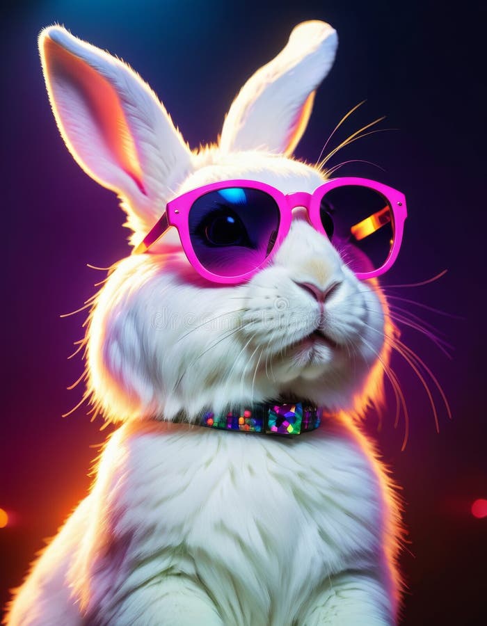 A stylish rabbit wearing vibrant pink sunglasses and a multicolored collar poses confidently with a charismatic flair AI generated. A stylish rabbit wearing vibrant pink sunglasses and a multicolored collar poses confidently with a charismatic flair AI generated