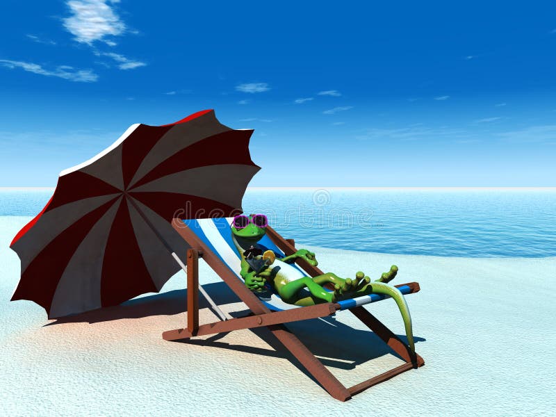 Cool cartoon gecko relaxing on the beach. royalty free illustration
