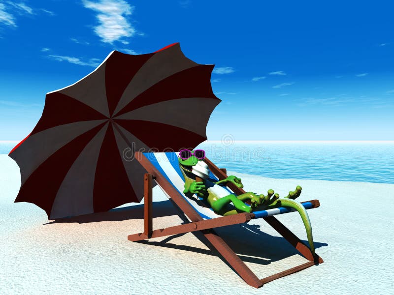 Cool cartoon gecko relaxing on the beach. royalty free illustration