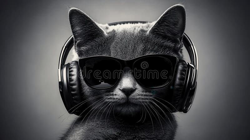Cool Cat Grooves Feline Vibes in Schwarz und Weiß mit Kopfhörern und Schatten. AI generiert