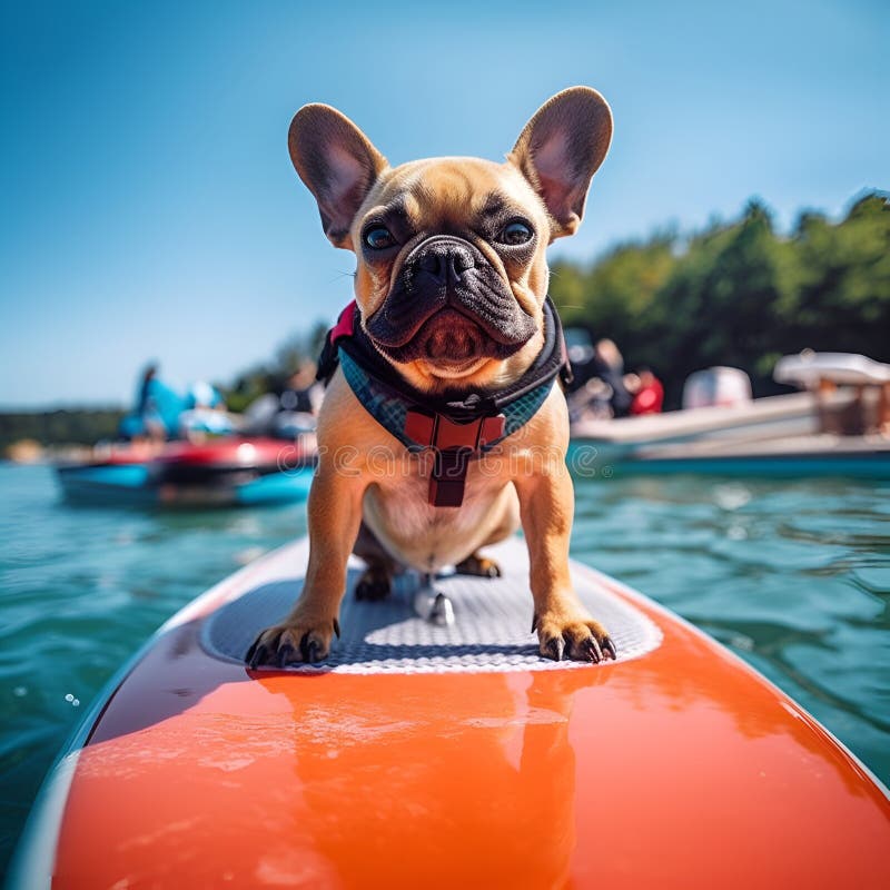 Cool Dog Surfing on a SUP Board in the Sea. French Bulldog Dog Surfing ...