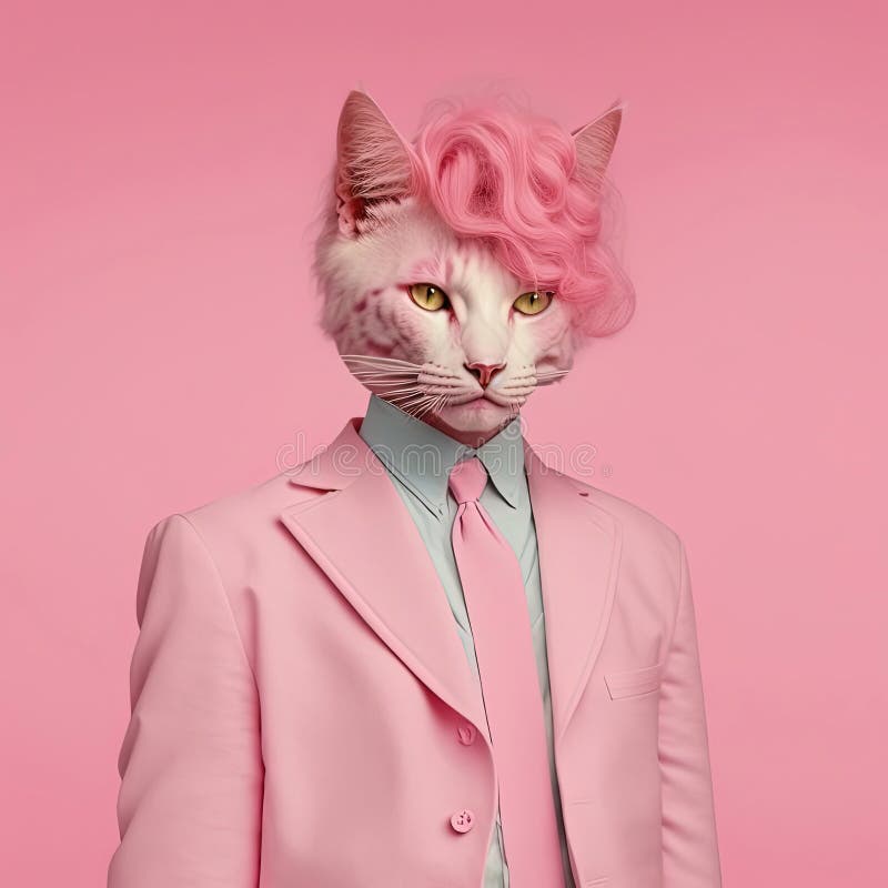 Fashion cat with pink haircut in shirt. Pink monochrome portrait. AI