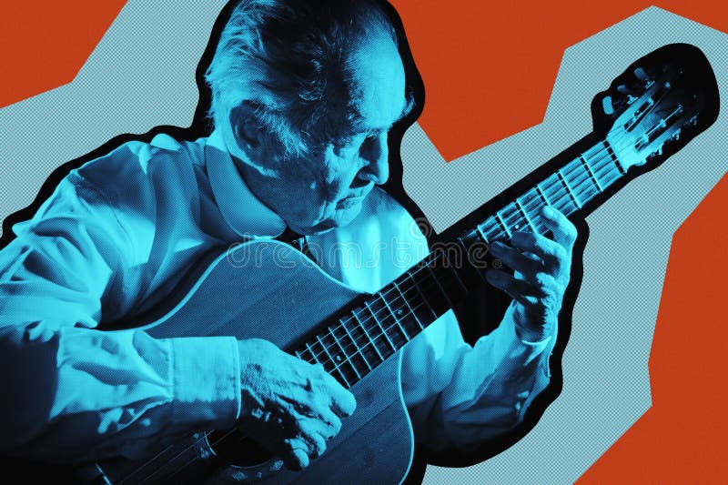 Cool fashion elderly man strum an acoustic guitar. Rock, classic, jazz concert collage poster. Contemporary art concept
