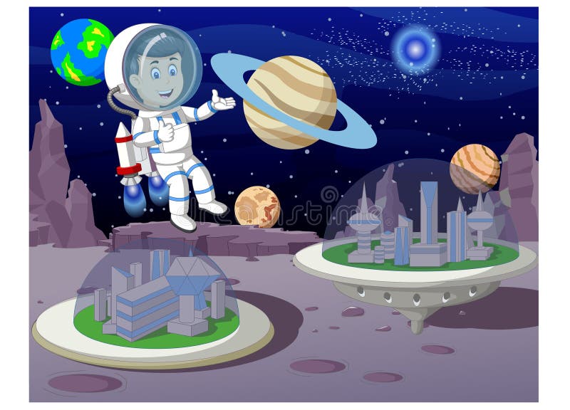 Cool Flying Astronaut Man in Moon Surface with Other Planets in Background  Cartoon Stock Illustration - Illustration of comic, astronomical: 177781776