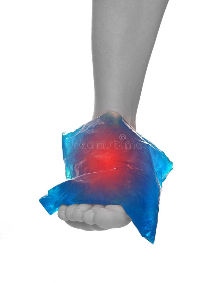 Cool Gel Pack on a Swollen Hurting Ankle. Stock Photo Image of human