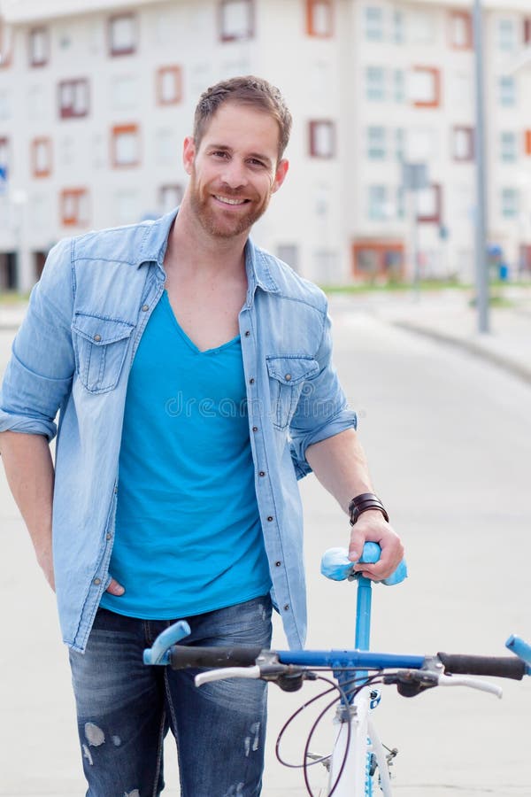 Cool Guy with a Vintage Bicycle in the City Stock Image Image of