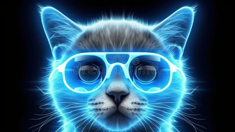 Cool katt i hörlurar och solglasögon lyssnar på musik. nära porträtter av furry kitty i modestil. generativ illustration stock illustrationer