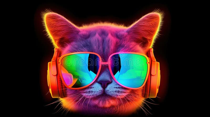 Cool katt i hörlurar och solglasögon lyssnar på musik. nära porträtter av furry kitty i modestil. generativ illustration royaltyfri illustrationer