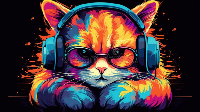 Cool katt i hörlurar och solglasögon lyssnar på musik. nära porträtter av furry kitty i modestil. generativ illustration vektor illustrationer
