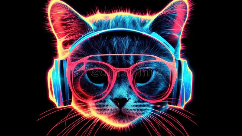 Cool katt i hörlurar och solglasögon lyssnar på musik. nära porträtter av furry kitty i modestil. generativ illustration vektor illustrationer