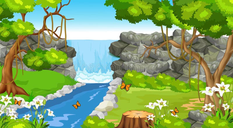 Cool Landscape Forest View WIth River, Trees, Rocks, And Flowers Cartoon for your design