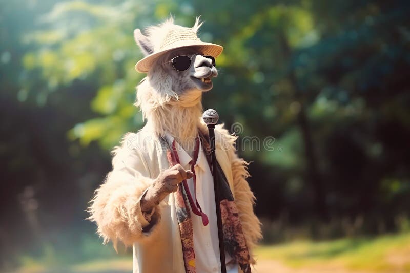 Cool llama hipster in hat singing into microphone outdoors, Generative AI. Singing llama illustrations