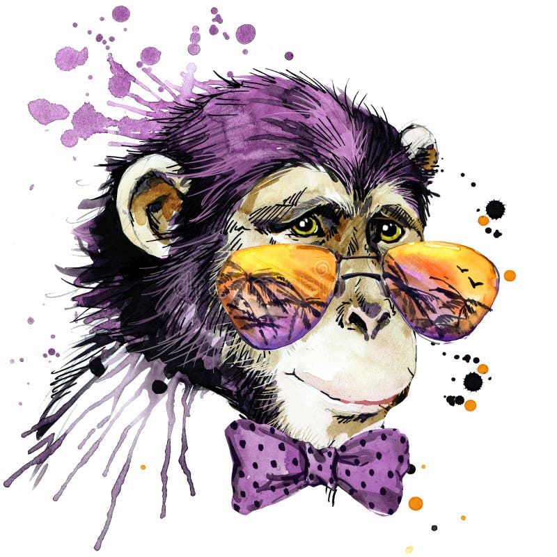 Cool małpie koszulek grafika małpia ilustracja z pluśnięcia akwarela textured tłem niezwykły ilustracyjny akwarela michaelita
