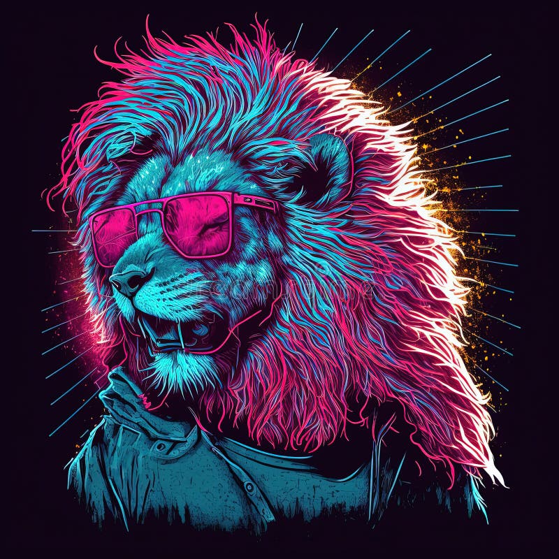 Cool Neon Party Lion in Sunglasses. Generative AI Stock Illustration ...