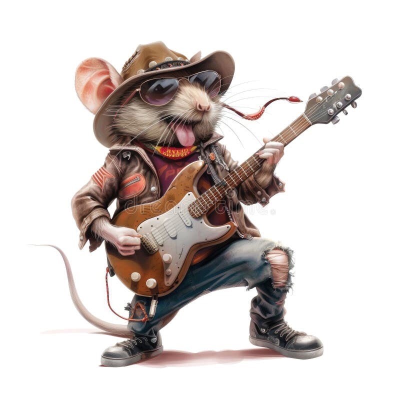 Cool rocker råtta som spelar elektrisk gitarr med solglasögon. Cool rocker råtta som leker elgitarr med solglasögon som genererar roliga teckningsarai