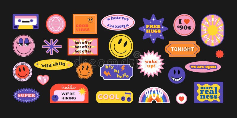 Cool Trendy Retro Stickers with Smile Faces, Cartoon Comic Label ...