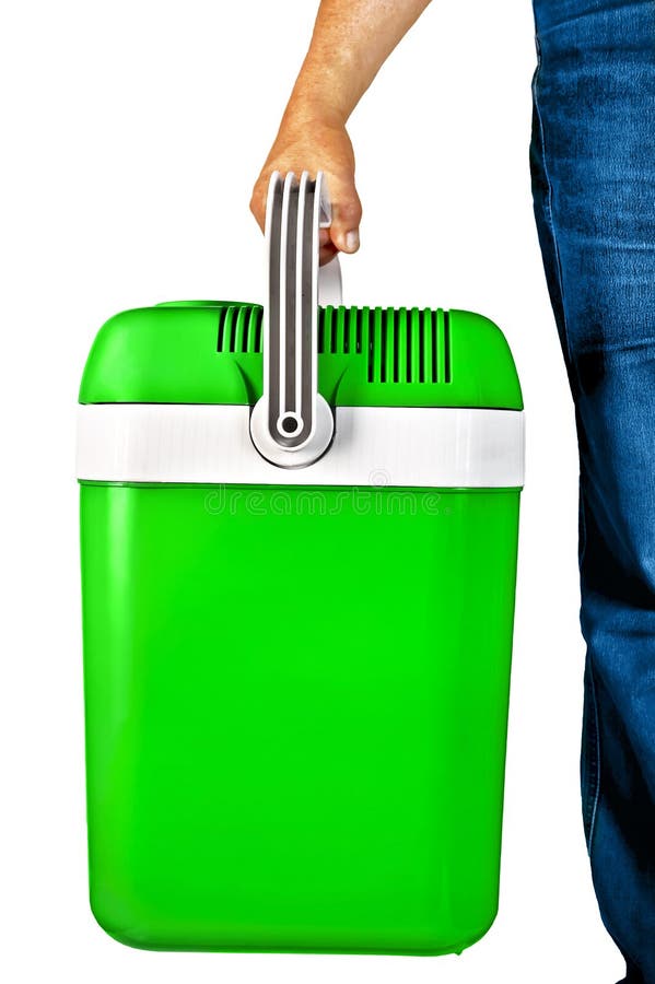 Green a small portable cooler for travel in the hands of a man isolated on white background. Green a small portable cooler for travel in the hands of a man isolated on white background