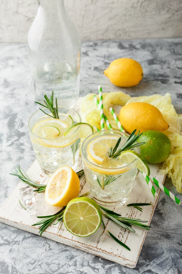 Cooling Alcoholic or Nonalcoholic Cocktail with Lemon Stock Photo