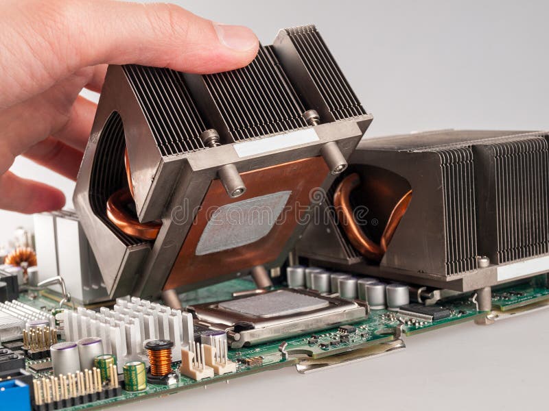 Cooling fan with cpu in the computer system unit, cooling the computer air, repair and upgrade, cooling computer royalty free stock photos