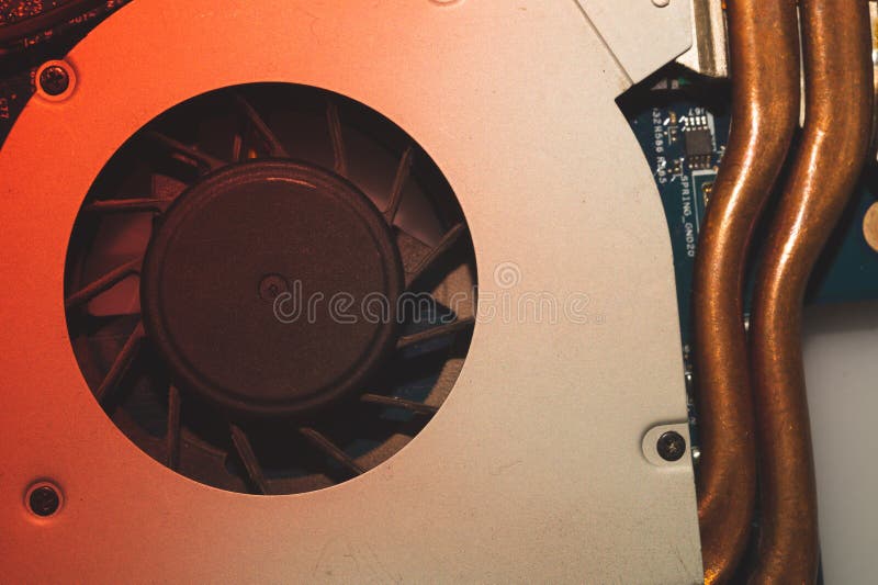 Cooling system of notebook close up. computer cooling fan with dust