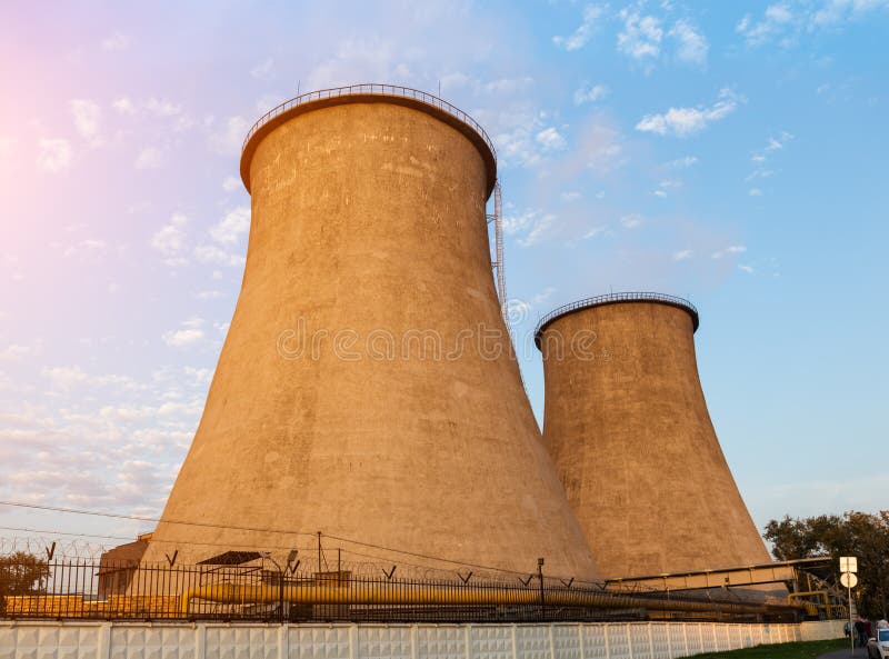 Cooling towers of the power plant stock images