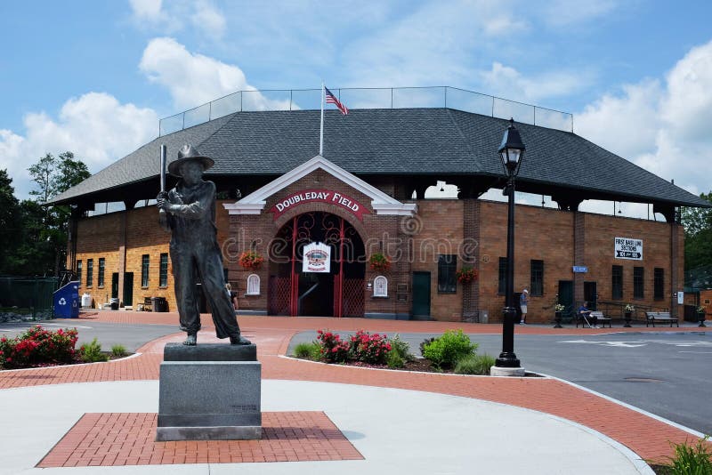 COOPERSTOWN, NEW YORK - 21 JUNE 2021: The Sandlot Kid statue at the entrance to Doubleday Field