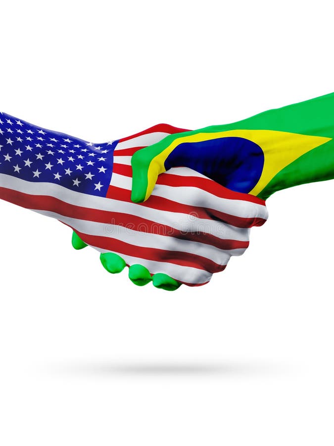 United States and Brazil, countries flags, handshake concept cooperation, partnership, friendship, business deal or sports competition isolated on white. United States and Brazil, countries flags, handshake concept cooperation, partnership, friendship, business deal or sports competition isolated on white