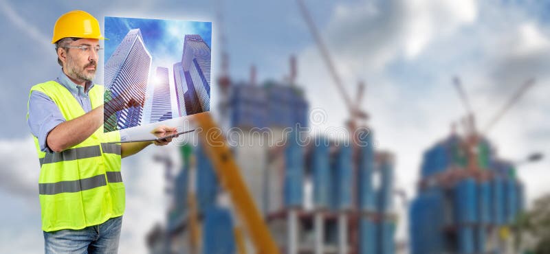 Coordenador que toca no holograma do arranha-céus fotografia de stock Coordenador que toca no holograma do arranha-céus fotografia de stock