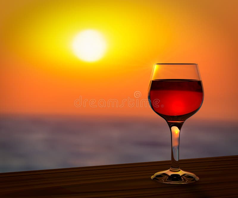 Copa de vino roja en la puesta del sol stock de ilustración Copa de vino roja en la puesta del sol stock de ilustración