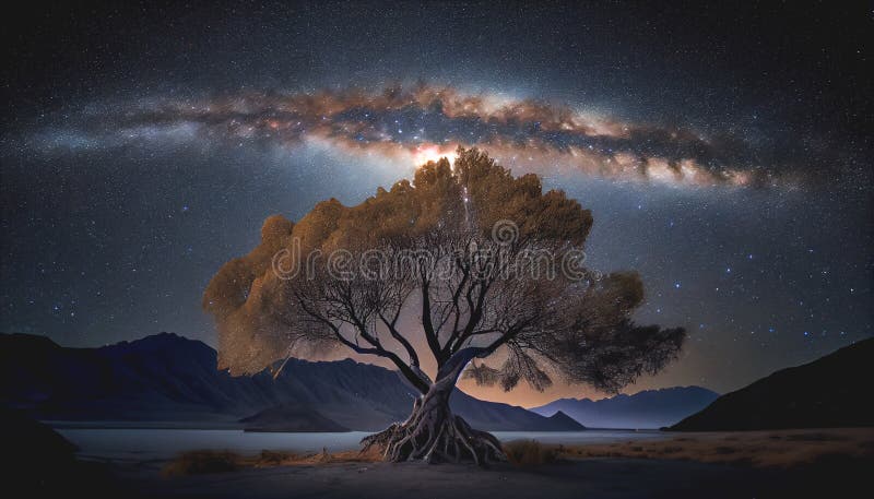Copac singuratic pe timp de noapte sub calea lactee royalty free illustration