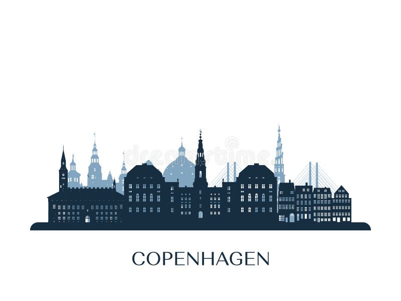 Copenhagen skyline, monochrome silhouette.