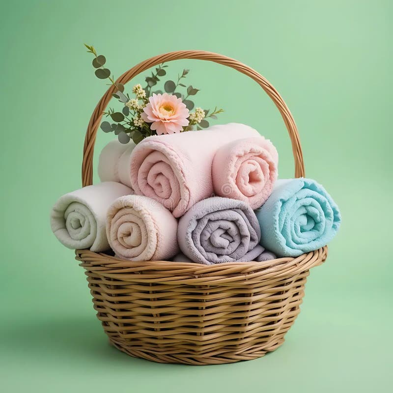 Coperte colorate arrotolate nel cestello Wicker con fiori sullo sfondo verde illustrazione di stock