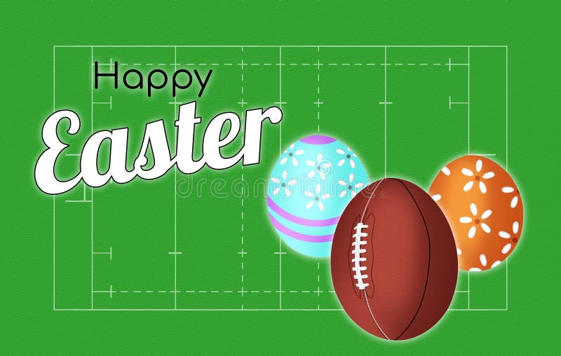 Copertura felice della cartolina d'auguri di Pasqua della congratulazione di rugby sui precedenti del campo e con la palla sotto illustrazione di stock Copertura felice della cartolina d'auguri di Pasqua della congratulazione di rugby sui precedenti del campo e con la palla sotto illustrazione di stock