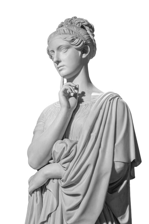 Copia de yeso de la estatua antigua de una joven pensante aislada de fondo blanco. vista lateral de una mujer escultora de yeso