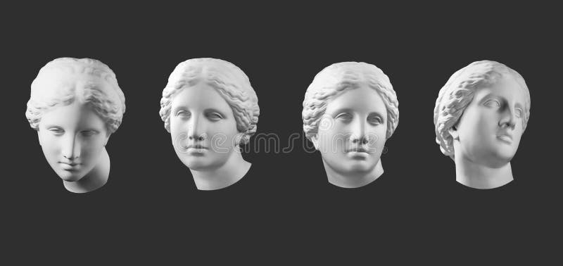 Copia del yeso cuatro de la cabeza antigua de Venus de la estatua aislada en fondo negro Cara de la mujer de la escultura del yes
