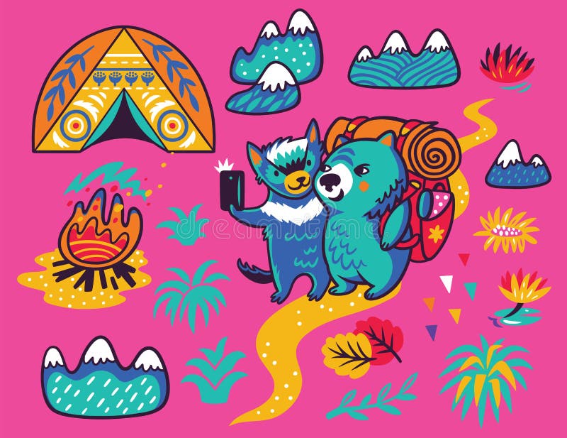 Copie d'été avec le diable tasmanien mignon et le touriste de wombat dans le style de bande dessinée Illustration de vecteur illustration stock Copie d'été avec le diable tasmanien mignon et le touriste de wombat dans le style de bande dessinée Illustration de vecteur illustration stock
