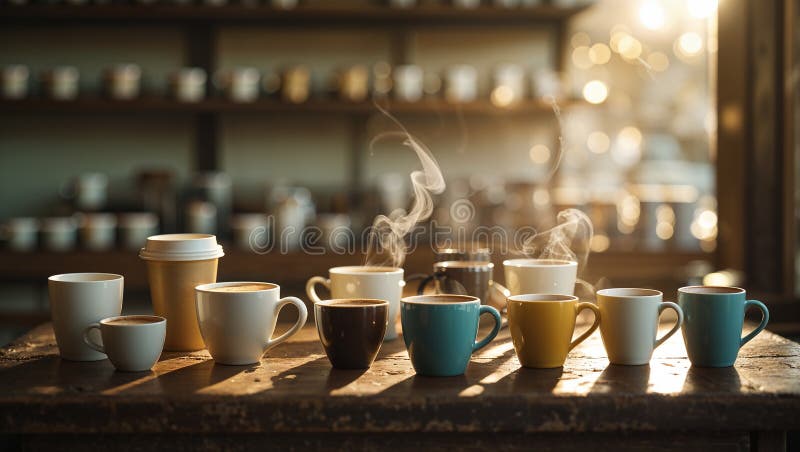 Copie di caffè a vapore sul tavolo di legno alla luce del mattino illustrazione di stock