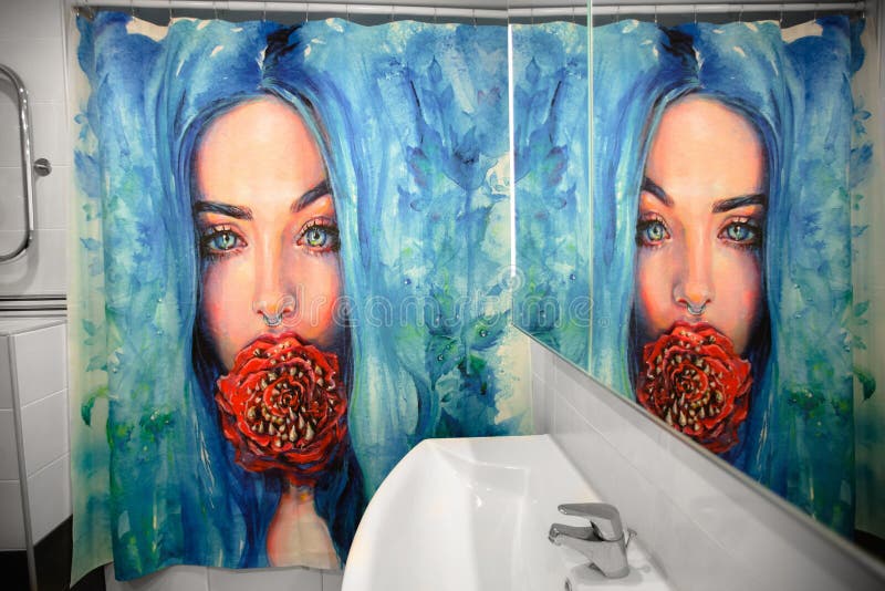 Modern bathroom decorative shower curtain art print. girl with a rose in her mouth. Modern bathroom decorative shower curtain art print. girl with a rose in her mouth.