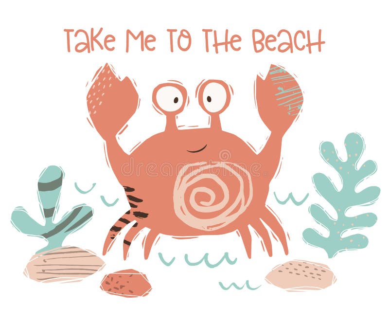 Copie mignonne de bébé de crabe Animal de mer doux apprivoisez à la plage - slogan des textes