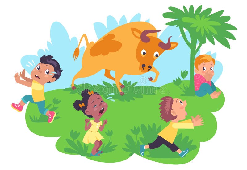Copiii se tem în exterior. copii speriați fugind de taurul furios. țipând fete și băieți fugind de boi. periculos stock illustration
