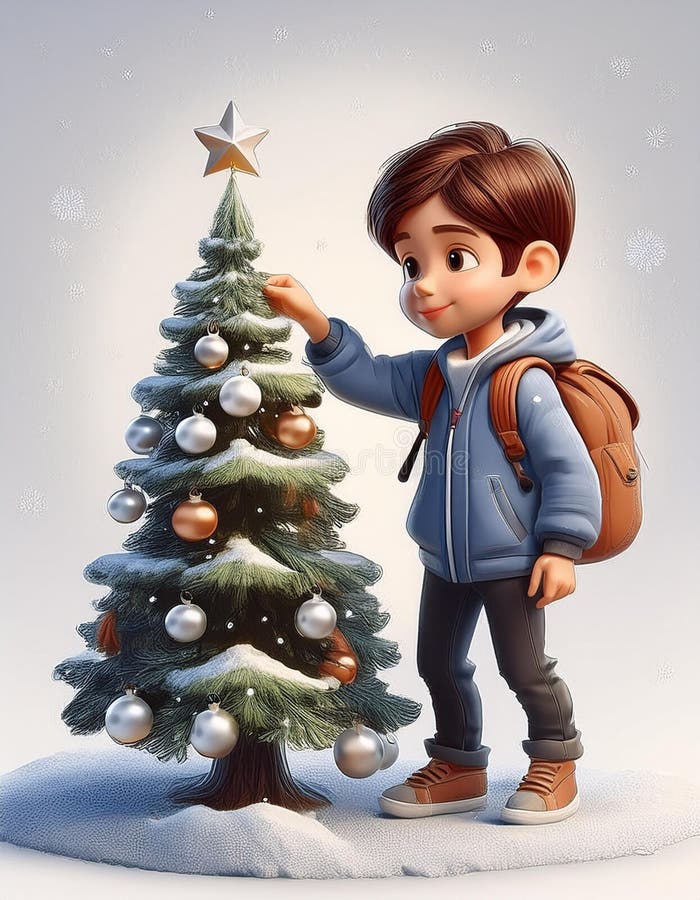 Copil după desen animat brad de Crăciun stock images