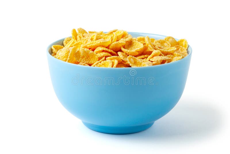 Copos de ma?z secos del desayuno Placa azul por completo del cereal Aislado en el fondo blanco
