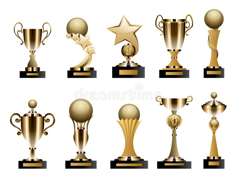 Copos do troféu e concessões dourados bonitos do grupo realístico da forma diferente ilustração do vetor Copos do troféu e concessões dourados bonitos do grupo realístico da forma diferente ilustração do vetor