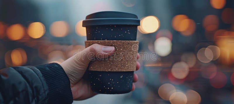Coppa del caffè di ceramica eco-compatibile con il sughero e la manicotto sullo sfondo di Blurred City Street immagine stock