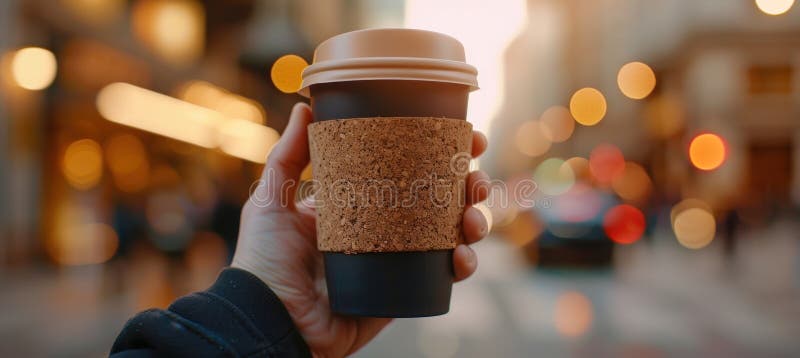 Coppa del caffè di ceramica eco-compatibile con il sughero e la manicotto sullo sfondo di Blurred City Street fotografia stock
